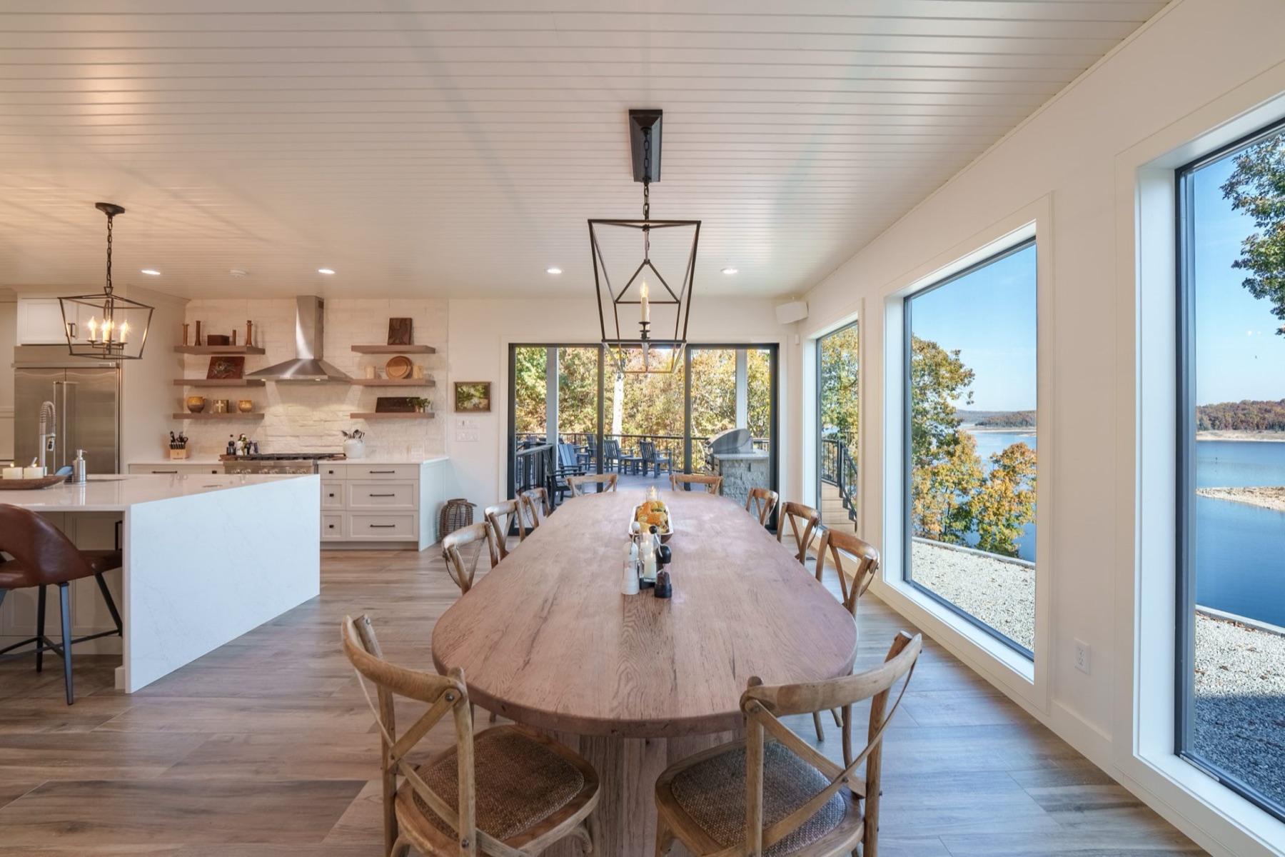 Custom kitchen and dining space with lake views